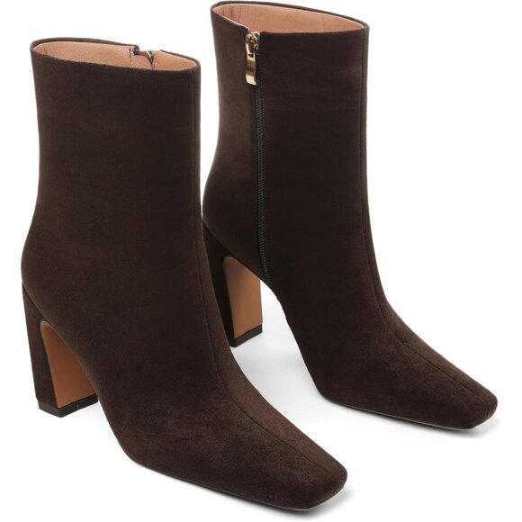⚡Women's Chocolate Suede Ankle Boots Chunky Heel Square Toe Boots Zipper Comfort - Picture 4 of 6